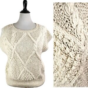 COUNTERPARTS Hand Knit SWEATER VEST M Ivory Chunky Cable Oversized Neutral Artsy
